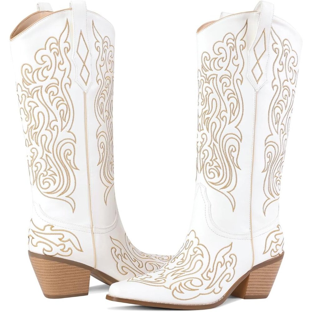Women White Knee High Boots Cowgirl Boots Cowboy Tall Boots Western Wide Calf - Picture 2 of 9
